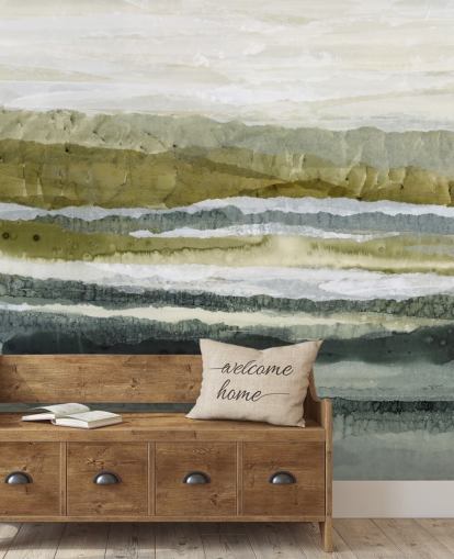 mural de paisagem abstrata personalizado em verde e cinza chamado Distant Glow, de Lara Eckerman