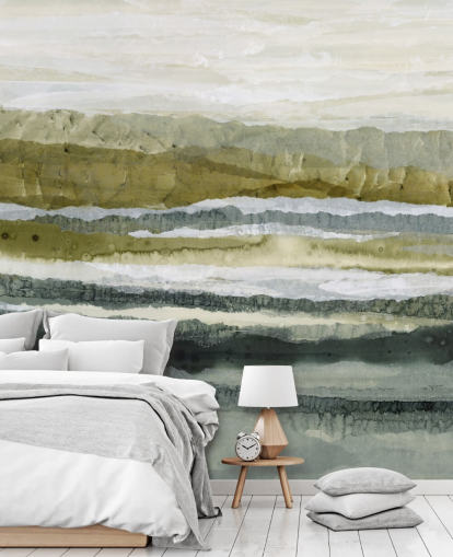 grünes und graues individuelles abstraktes Landschaftswandbild namens Distant Glow von Lara Eckerman