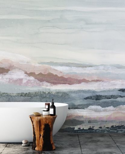 murale astratto blu personalizzabile sull'oceano chiamato Drifting Dreams di Lara Eckerman per camere da letto, bagni e cucine