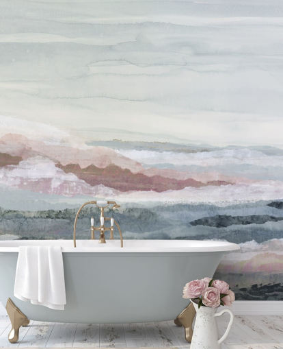 peinture murale abstraite bleue personnalisable sur l'océan appelée Drifting Dreams de Lara Eckerman pour les chambres, les salles de bain et les cuisines