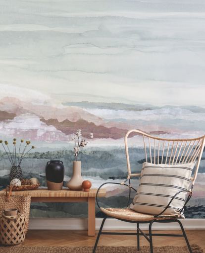 blauwe aanpasbare abstracte oceaanmuurschildering genaamd Drifting Dreams van Lara Eckerman voor slaapkamers, badkamers en keukens