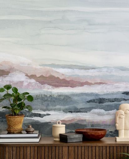 peinture murale abstraite bleue personnalisable sur l'océan appelée Drifting Dreams de Lara Eckerman pour les chambres, les salles de bain et les cuisines