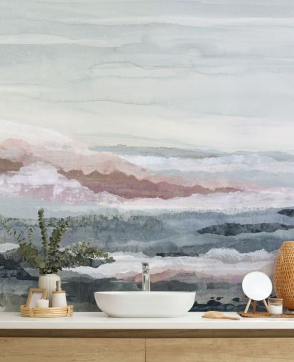 blauwe aanpasbare abstracte oceaanmuurschildering genaamd Drifting Dreams van Lara Eckerman voor slaapkamers, badkamers en keukens