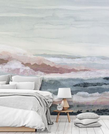 sininen muokattava abstrakti valtameren seinämaalaus nimeltä Drifting Dreams by Lara Eckerman makuuhuoneisiin, kylpyhuoneisiin ja keittiöihin