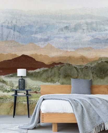 murale paesaggistico astratto personalizzato marrone e verde chiamato Plateau Mirage di Lara Eckerman per corridoi e uffici domestici