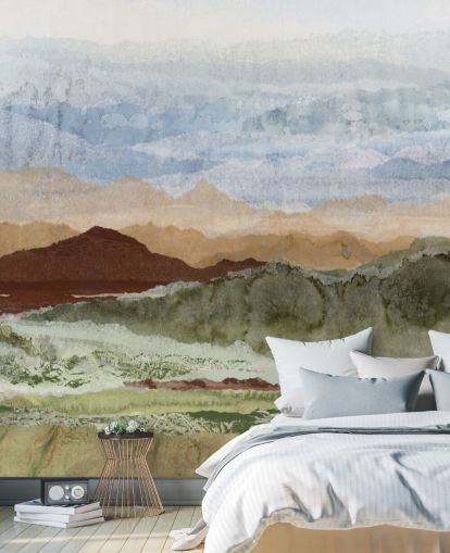 mural de paisagem abstrata personalizado em marrom e verde chamado Plateau Mirage, de Lara Eckerman, para corredores e escritórios domésticos