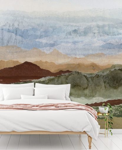 bruine en groene op maat gemaakte abstracte landschapsmuurschildering genaamd Plateau Mirage van Lara Eckerman voor gangen en thuiskantoren bruine en groene op maat gemaakte abstracte landschapsmuurschildering genaamd Plateau Mirage van Lara Eckerman voor gangen en thuiskantoren