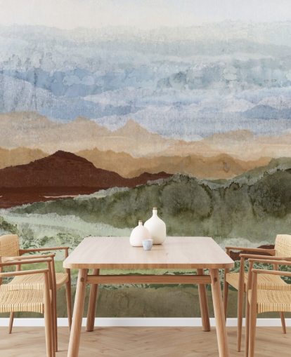 brown and green custom abstract landscape mural called Plateau Mirage by Lara Eckerman for hallways and home offices