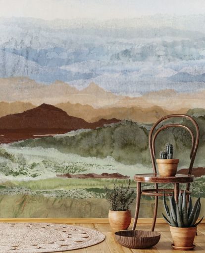 brown and green custom abstract landscape mural called Plateau Mirage by Lara Eckerman for hallways and home offices