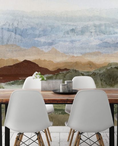 mural de paisaje abstracto personalizado marrón y verde llamado Plateau Mirage de Lara Eckerman para pasillos y oficinas en casa