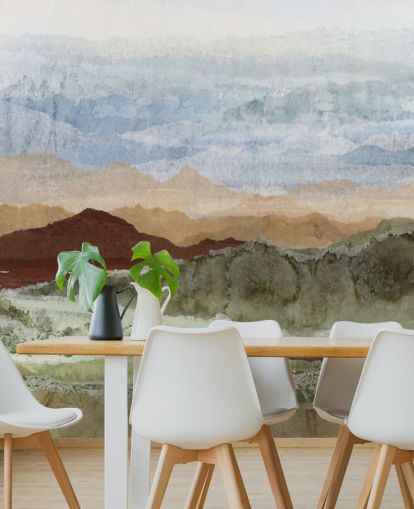 murale paesaggistico astratto personalizzato marrone e verde chiamato Plateau Mirage di Lara Eckerman per corridoi e uffici domestici murale paesaggistico astratto personalizzato marrone e verde chiamato Plateau Mirage di Lara Eckerman per corridoi e uffici domestici