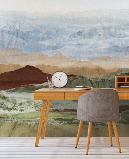 brun och grön anpassad abstrakt landskapsmålning kallad Plateau Mirage av Lara Eckerman för korridorer och hemmakontor