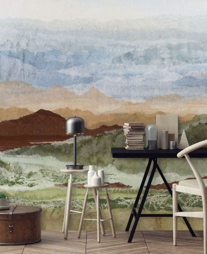 brown and green custom abstract landscape mural called Plateau Mirage by Lara Eckerman for hallways and home offices