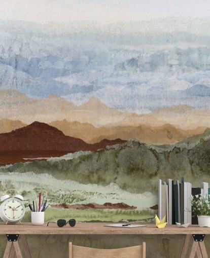 bruine en groene op maat gemaakte abstracte landschapsmuurschildering genaamd Plateau Mirage van Lara Eckerman voor gangen en thuiskantoren bruine en groene op maat gemaakte abstracte landschapsmuurschildering genaamd Plateau Mirage van Lara Eckerman voor gangen en thuiskantoren