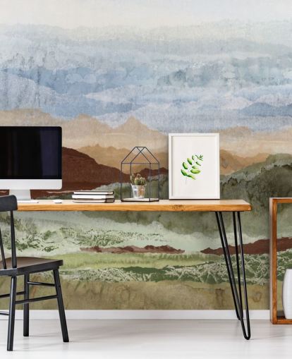 mural de paisaje abstracto personalizado marrón y verde llamado Plateau Mirage de Lara Eckerman para pasillos y oficinas en casa