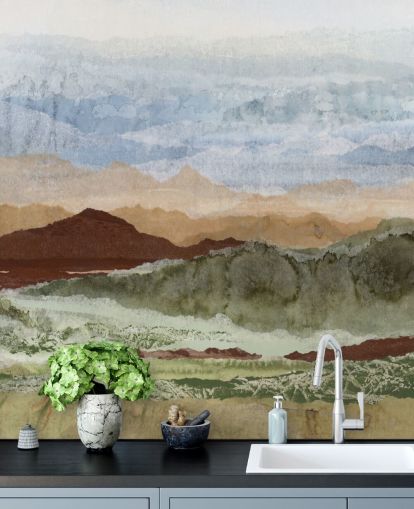 peinture murale de paysage abstraite personnalisée marron et vert appelée Plateau Mirage par Lara Eckerman pour les couloirs et les bureaux à domicile