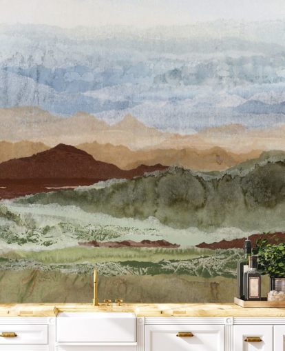 brown and green custom abstract landscape mural called Plateau Mirage by Lara Eckerman for hallways and home offices