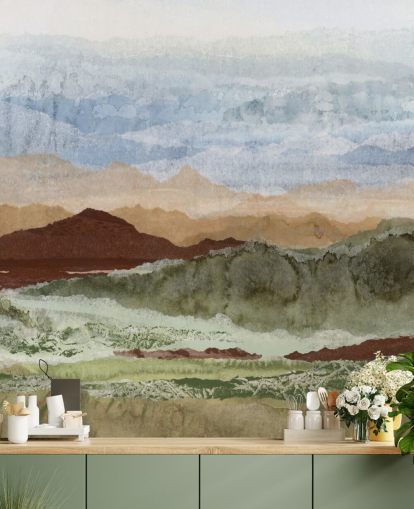 brown and green custom abstract landscape mural called Plateau Mirage by Lara Eckerman for hallways and home offices