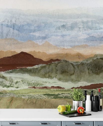 brown and green custom abstract landscape mural called Plateau Mirage by Lara Eckerman for hallways and home offices brown and green custom abstract landscape mural called Plateau Mirage by Lara Eckerman for hallways and home offices