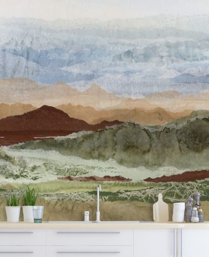 murale paesaggistico astratto personalizzato marrone e verde chiamato Plateau Mirage di Lara Eckerman per corridoi e uffici domestici murale paesaggistico astratto personalizzato marrone e verde chiamato Plateau Mirage di Lara Eckerman per corridoi e uffici domestici