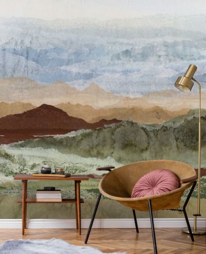 mural de paisaje abstracto personalizado marrón y verde llamado Plateau Mirage de Lara Eckerman para pasillos y oficinas en casa