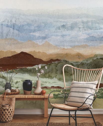 mural de paisaje abstracto personalizado marrón y verde llamado Plateau Mirage de Lara Eckerman para pasillos y oficinas en casa mural de paisaje abstracto personalizado marrón y verde llamado Plateau Mirage de Lara Eckerman para pasillos y oficinas en casa