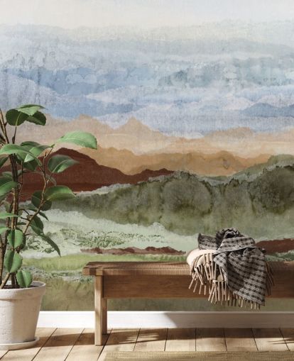 mural de paisaje abstracto personalizado marrón y verde llamado Plateau Mirage de Lara Eckerman para pasillos y oficinas en casa