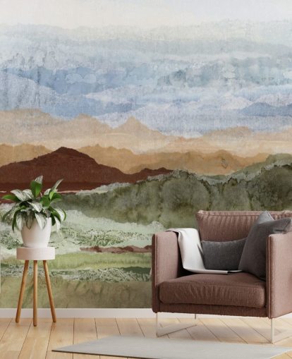 mural de paisaje abstracto personalizado marrón y verde llamado Plateau Mirage de Lara Eckerman para pasillos y oficinas en casa