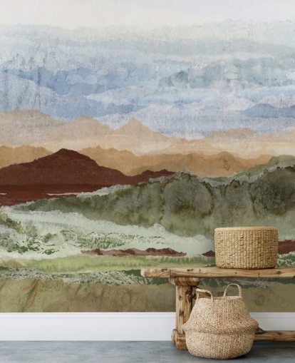 murale paesaggistico astratto personalizzato marrone e verde chiamato Plateau Mirage di Lara Eckerman per corridoi e uffici domestici murale paesaggistico astratto personalizzato marrone e verde chiamato Plateau Mirage di Lara Eckerman per corridoi e uffici domestici