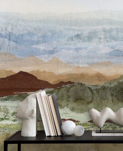 brunt og grønt tilpasset abstrakt landskapsmaleri kalt Plateau Mirage av Lara Eckerman for ganger og hjemmekontorer