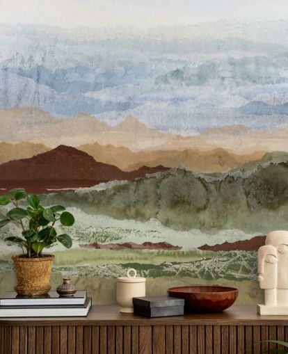 mural de paisaje abstracto personalizado marrón y verde llamado Plateau Mirage de Lara Eckerman para pasillos y oficinas en casa