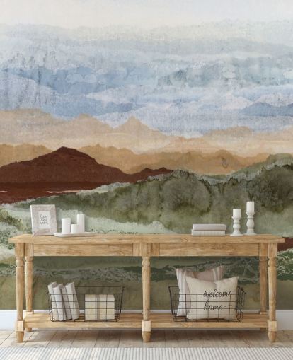 murale paesaggistico astratto personalizzato marrone e verde chiamato Plateau Mirage di Lara Eckerman per corridoi e uffici domestici