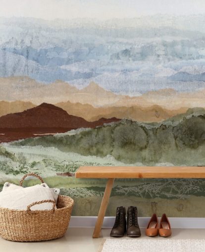 mural de paisaje abstracto personalizado marrón y verde llamado Plateau Mirage de Lara Eckerman para pasillos y oficinas en casa mural de paisaje abstracto personalizado marrón y verde llamado Plateau Mirage de Lara Eckerman para pasillos y oficinas en casa