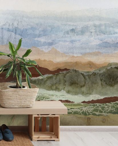 peinture murale de paysage abstraite personnalisée marron et vert appelée Plateau Mirage par Lara Eckerman pour les couloirs et les bureaux à domicile