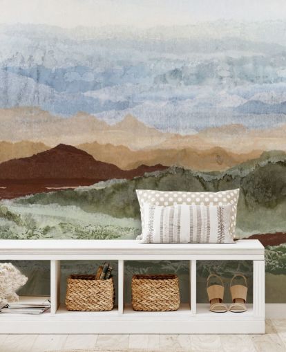 mural de paisaje abstracto personalizado marrón y verde llamado Plateau Mirage de Lara Eckerman para pasillos y oficinas en casa