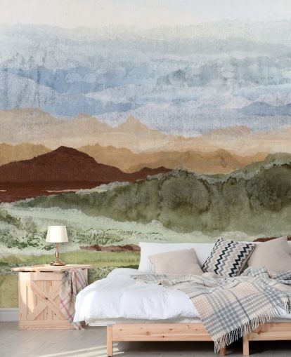 mural de paisagem abstrata personalizado em marrom e verde chamado Plateau Mirage, de Lara Eckerman, para corredores e escritórios domésticos