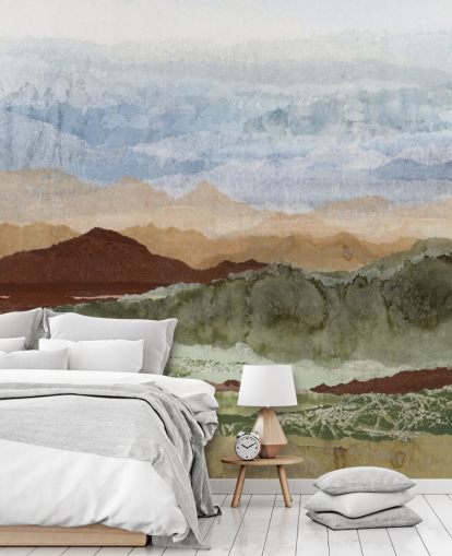 brown and green custom abstract landscape mural called Plateau Mirage by Lara Eckerman for hallways and home offices