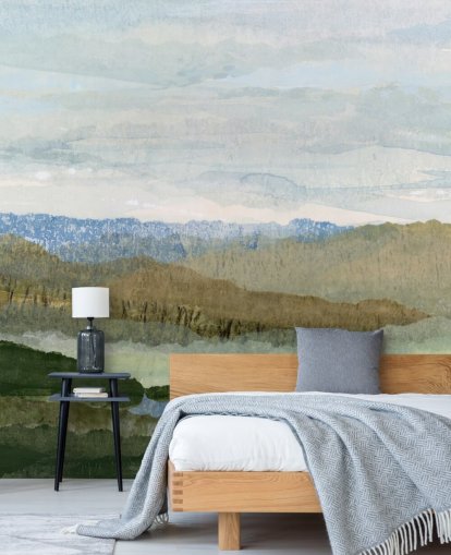 murale astratto blu e verde chiamato Saltwater Reverie di Lara Eckerman per camere da letto e salotti