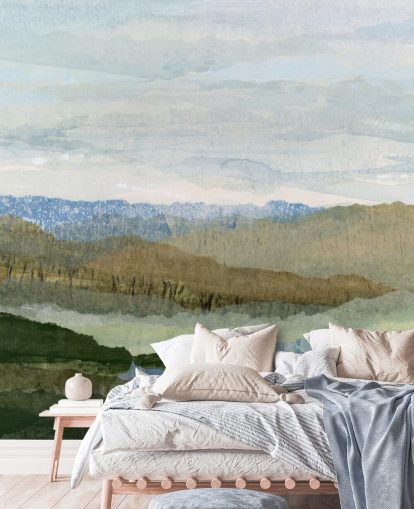 fresque murale abstraite bleue et verte appelée Saltwater Reverie de Lara Eckerman pour les chambres et les salons