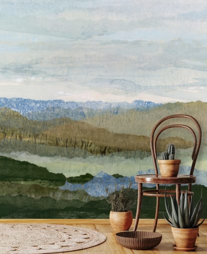 fresque murale abstraite bleue et verte appelée Saltwater Reverie de Lara Eckerman pour les chambres et les salons