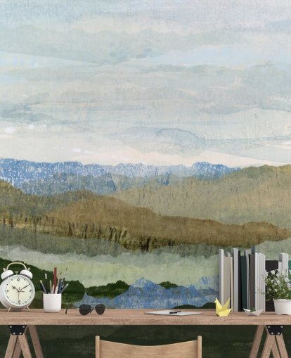 mural abstracto azul y verde llamado Saltwater Reverie de Lara Eckerman para dormitorios y salones