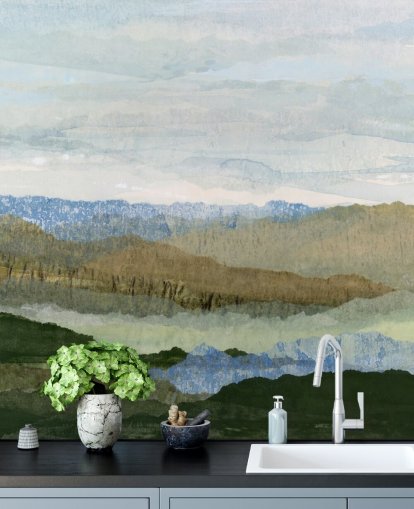 murale astratto blu e verde chiamato Saltwater Reverie di Lara Eckerman per camere da letto e salotti