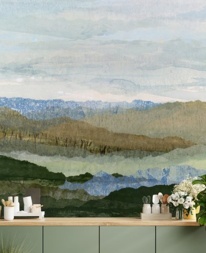 fresque murale abstraite bleue et verte appelée Saltwater Reverie de Lara Eckerman pour les chambres et les salons