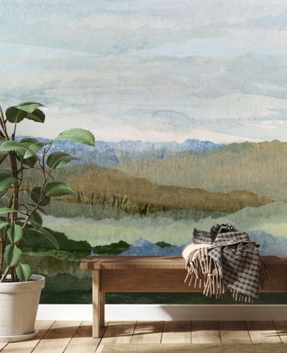 fresque murale abstraite bleue et verte appelée Saltwater Reverie de Lara Eckerman pour les chambres et les salons