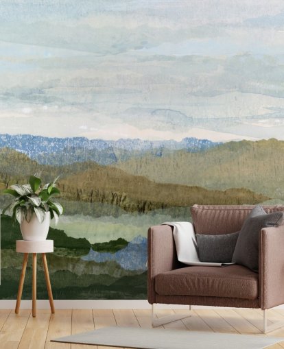 blauwe en groene abstracte muurschildering genaamd Saltwater Reverie van Lara Eckerman voor slaapkamers en lounges