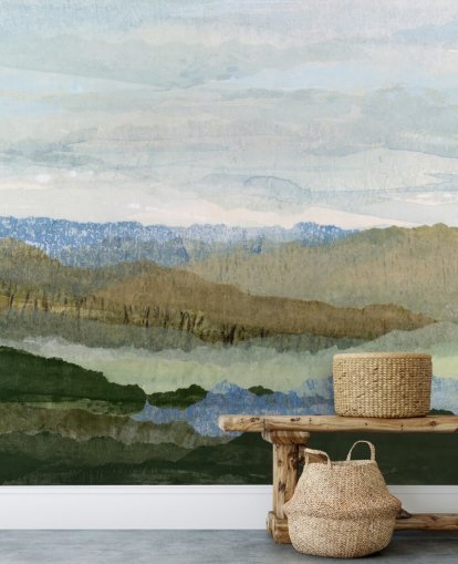 murale astratto blu e verde chiamato Saltwater Reverie di Lara Eckerman per camere da letto e salotti