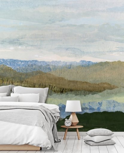 murale astratto blu e verde chiamato Saltwater Reverie di Lara Eckerman per camere da letto e salotti