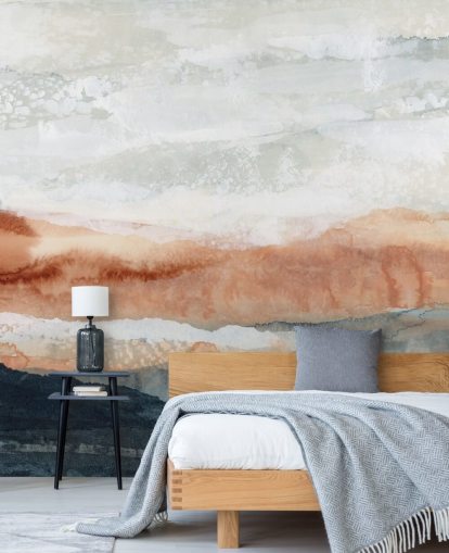 peinture murale de paysage abstraite personnalisée bleue, orange et grise appelée Sun Kissed Cove par Lara Eckerman