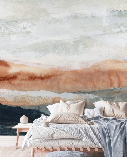 individuelles abstraktes Landschaftsgemälde in Blau, Orange und Grau namens Sun Kissed Cove von Lara Eckerman individuelles abstraktes Landschaftsgemälde in Blau, Orange und Grau namens Sun Kissed Cove von Lara Eckerman