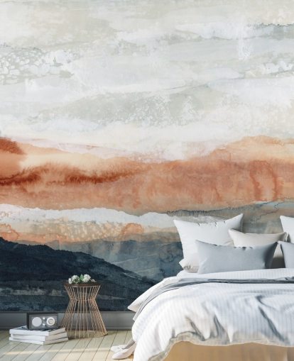 mural de paisagem abstrata personalizado em azul, laranja e cinza chamado Sun Kissed Cove, de Lara Eckerman